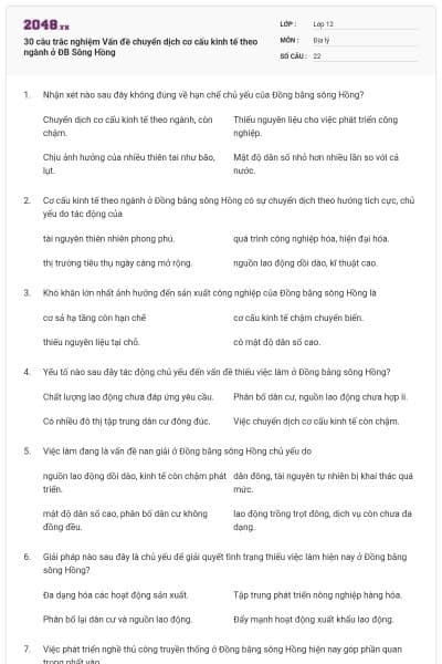 30 câu trắc nghiệm Vấn đề chuyển dịch cơ cấu kinh tế theo ngành ở ĐB Sông Hồng