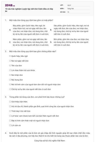 10 câu trắc nghiệm Luyện tập viết đơn Cánh diều có đáp án