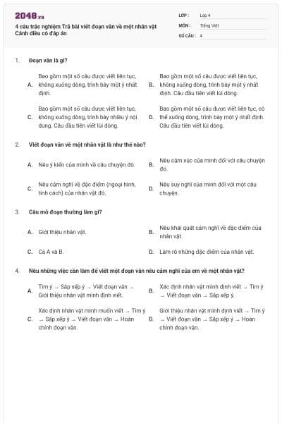 4 câu trắc nghiệm Trả bài viết đoạn văn về một nhân vật Cánh diều có đáp án