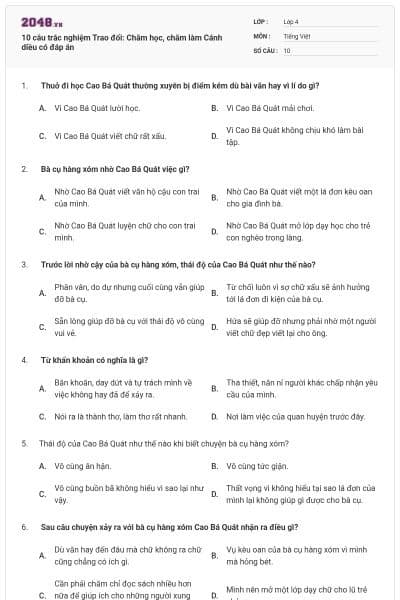 10 câu trắc nghiệm Trao đổi: Chăm học, chăm làm Cánh diều có đáp án