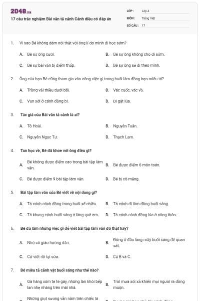17 câu trắc nghiệm Bài văn tả cảnh Cánh diều có đáp án