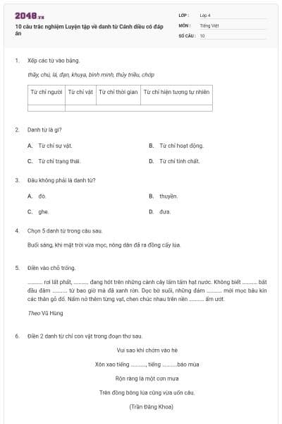 10 câu trắc nghiệm Luyện tập về danh từ Cánh diều có đáp án