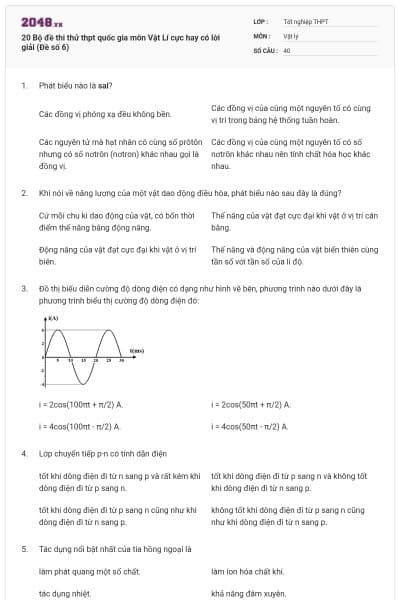 20 Bộ đề thi thử thpt quốc gia môn Vật Lí cực hay có lời giải (Đề số 6)