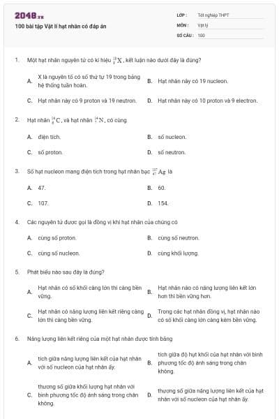 100 bài tập Vật lí hạt nhân có đáp án