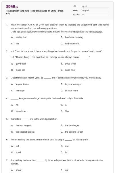 Trắc nghiệm tổng hợp Tiếng anh có đáp án 2023 ( Phần 67)