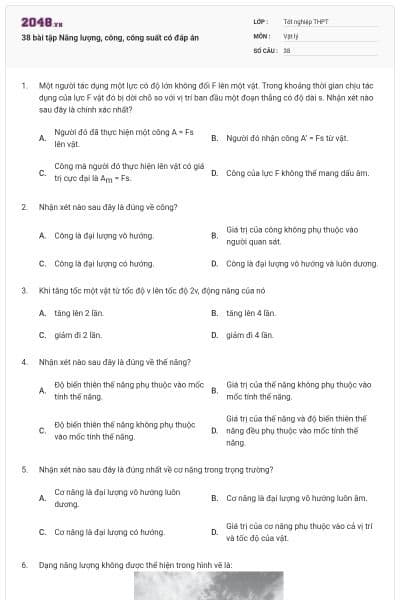 38 bài tập Năng lượng, công, công suất có đáp án