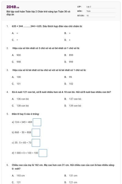 Bài tập cuối tuần Toán lớp 2 Chân trời sáng tạo Tuần 30 có đáp án