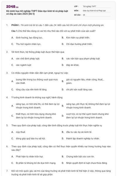 Đề minh họa tốt nghiệp THPT Giáo dục kinh tế và pháp luật có đáp án năm 2025 (Đề 5)