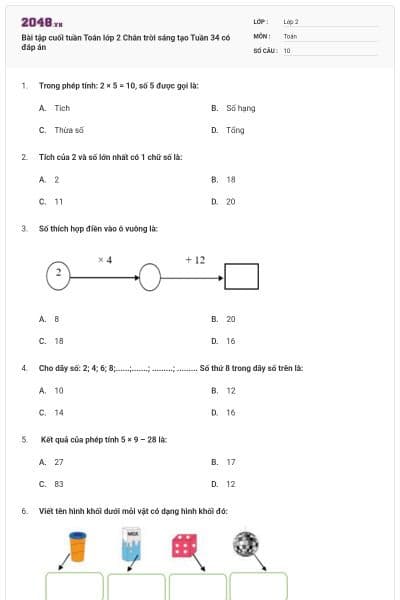 Bài tập cuối tuần Toán lớp 2 Chân trời sáng tạo Tuần 34 có đáp án