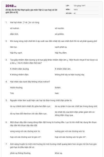20 Bộ đề thi thử thpt quốc gia môn Vật Lí cực hay có lời giải (Đề số 8)