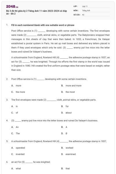 Bộ 3 đề thi giữa kỳ 2 Tiếng Anh 11 năm 2023-2024 có đáp án - Đề 2