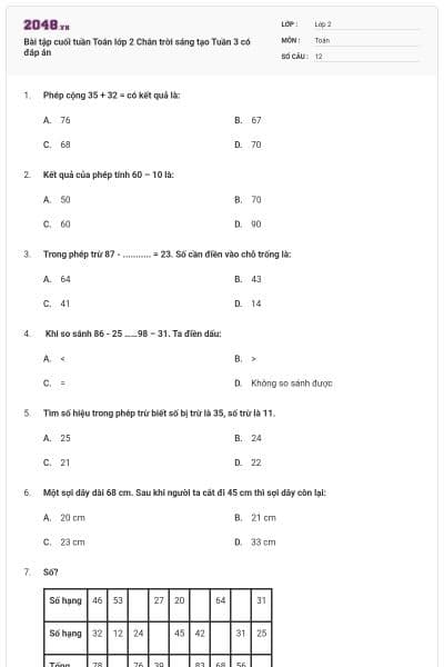 Bài tập cuối tuần Toán lớp 2 Chân trời sáng tạo Tuần 3 có đáp án