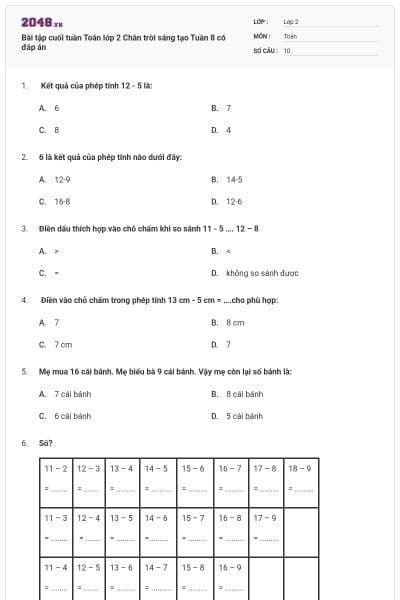Bài tập cuối tuần Toán lớp 2 Chân trời sáng tạo Tuần 8 có đáp án