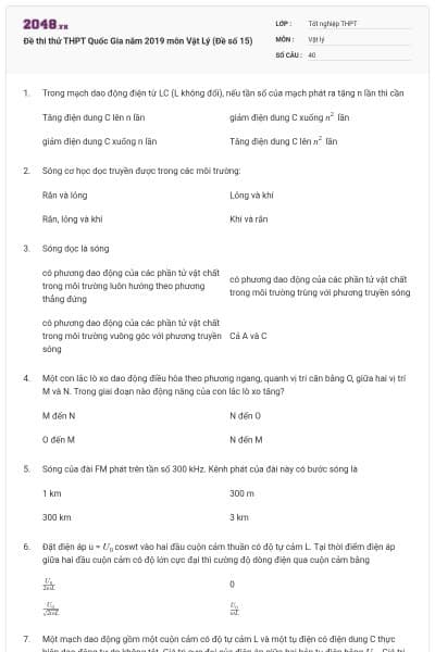 Đề thi thử THPT Quốc Gia năm 2019 môn Vật Lý (Đề số 15)