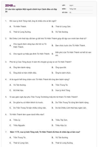 22 câu trắc nghiệm Một người chính trực Cánh diều có đáp án