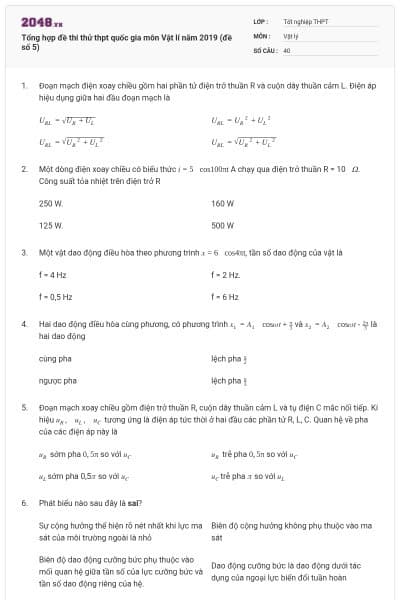 Tổng hợp đề thi thử thpt quốc gia môn Vật lí năm 2019 (đề số 5)