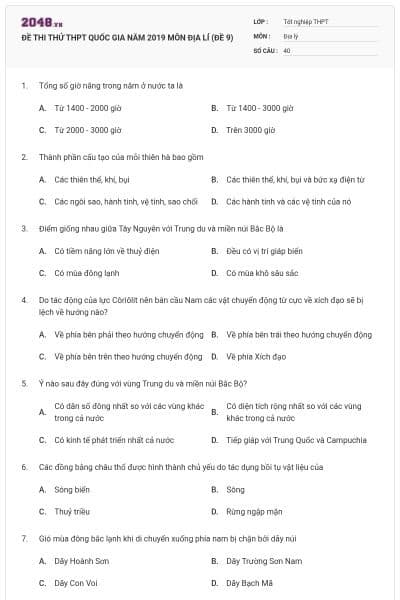ĐỀ THI THỬ THPT QUỐC GIA NĂM 2019 MÔN ĐỊA LÍ (ĐỀ 9)