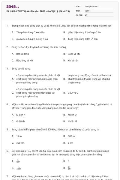 Đề thi thử THPT Quốc Gia năm 2019 môn Vật Lý (Đề số 15)