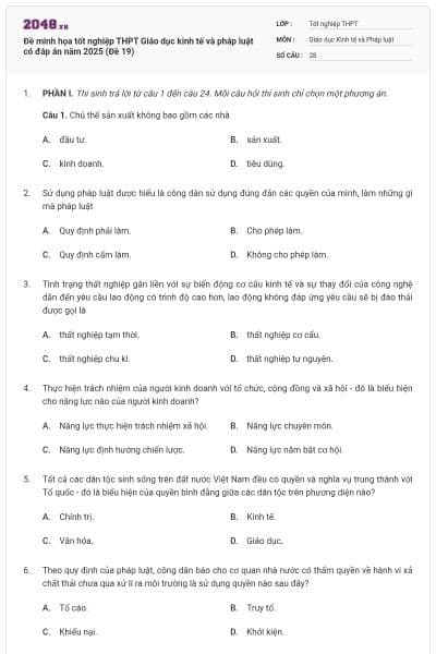 Đề minh họa tốt nghiệp THPT Giáo dục kinh tế và pháp luật có đáp án năm 2025 (Đề 19)