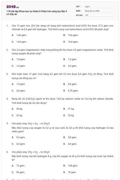 118 bài tập Khoa học tự nhiên 8 Chân trời sáng tạo Bài 4 có đáp án
