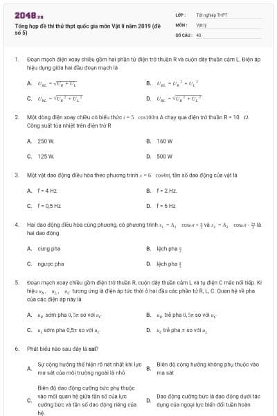 Tổng hợp đề thi thử thpt quốc gia môn Vật lí năm 2019 (đề số 5)