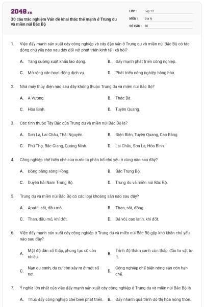 30 câu trắc nghiệm Vấn đề khai thác thế mạnh ở Trung du và miền núi Bắc Bộ
