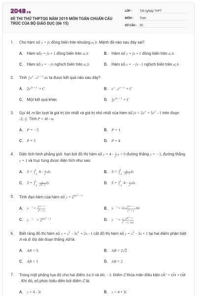 ĐỀ THI THỬ THPTQG NĂM 2019 MÔN TOÁN CHUẨN CẤU TRÚC CỦA BỘ GIÁO DỤC (Đề 15)