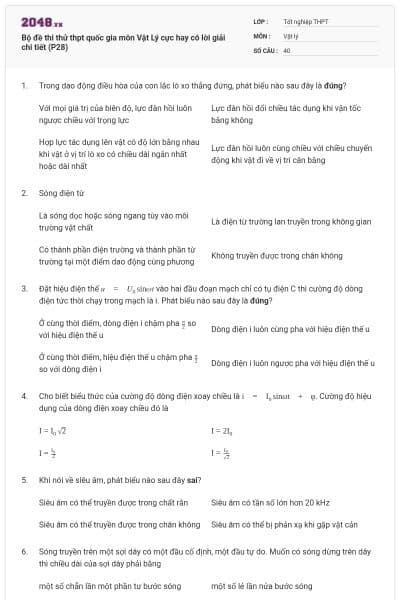 Bộ đề thi thử thpt quốc gia môn Vật Lý cực hay có lời giải chi tiết (P28)