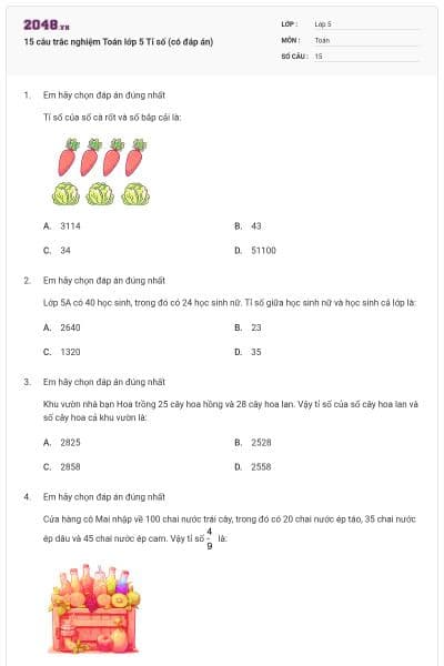 15 câu trắc nghiệm Toán lớp 5 Tỉ số (có đáp án)