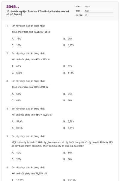 15 câu trắc nghiệm Toán lớp 5 Tìm tỉ số phần trăm của hai số (có đáp án)