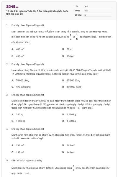 15 câu trắc nghiệm Toán lớp 5 Bài toán giải bằng bốn bước tính (có đáp án)