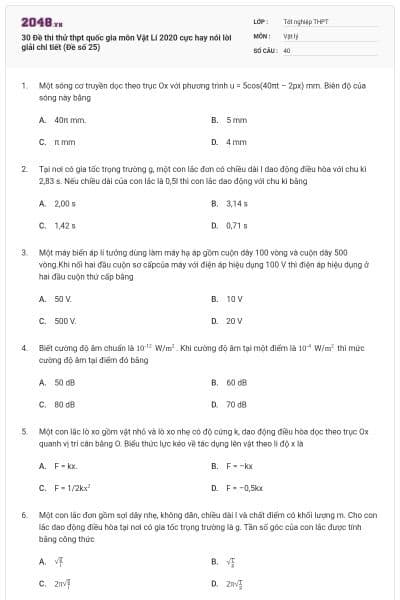 30 Đề thi thử thpt quốc gia môn Vật Lí 2020 cực hay nói lời giải chi tiết (Đề số 25)
