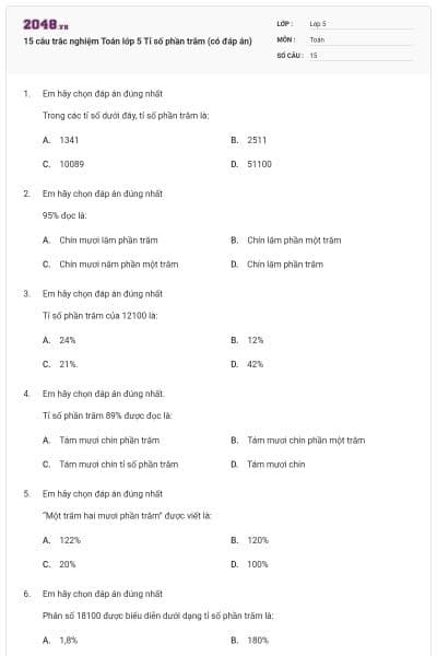 15 câu trắc nghiệm Toán lớp 5 Tỉ số phần trăm (có đáp án)