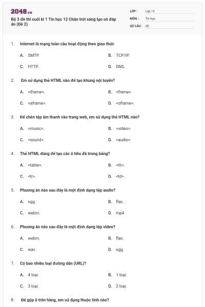 Bộ 3 đề thi cuối kì 1 Tin học 12 Chân trời sáng tạo có đáp án (Đề 2)