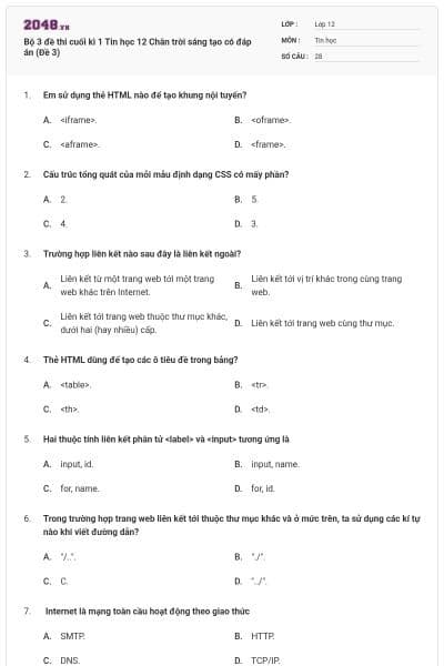 Bộ 3 đề thi cuối kì 1 Tin học 12 Chân trời sáng tạo có đáp án (Đề 3)