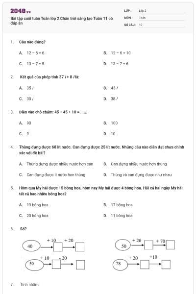 Bài tập cuối tuần Toán lớp 2 Chân trời sáng tạo Tuần 11 có đáp án