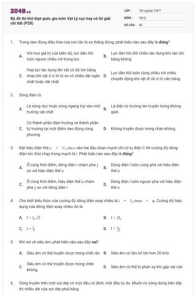 Bộ đề thi thử thpt quốc gia môn Vật Lý cực hay có lời giải chi tiết (P28)