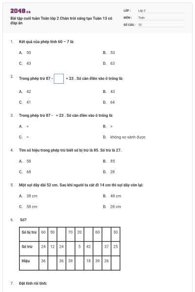 Bài tập cuối tuần Toán lớp 2 Chân trời sáng tạo Tuần 13 có đáp án