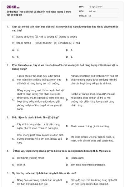 50 bài tập Trao đổi chất và chuyển hóa năng lượng ở thực vật có đáp án