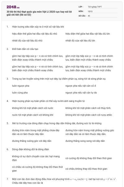 30 Đề thi thử thpt quốc gia môn Vật Lí 2020 cực hay nói lời giải chi tiết (Đề số 03)