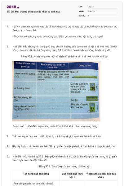 Bài 35: Môi trường sống và các nhân tố sinh thái