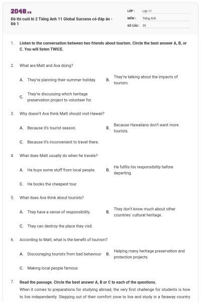 Đề thi cuối kì 2 Tiếng Anh 11 Global Success có đáp án - Đề 1