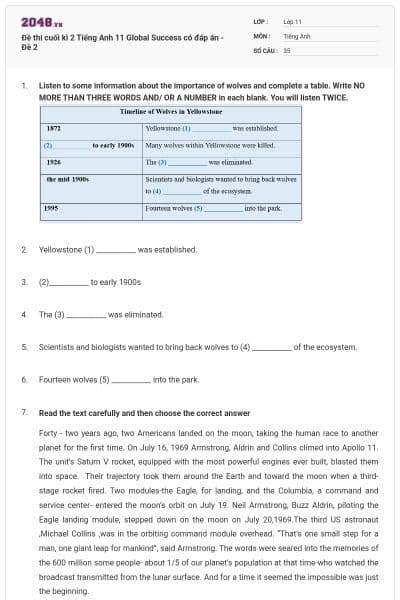 Đề thi cuối kì 2 Tiếng Anh 11 Global Success có đáp án - Đề 2