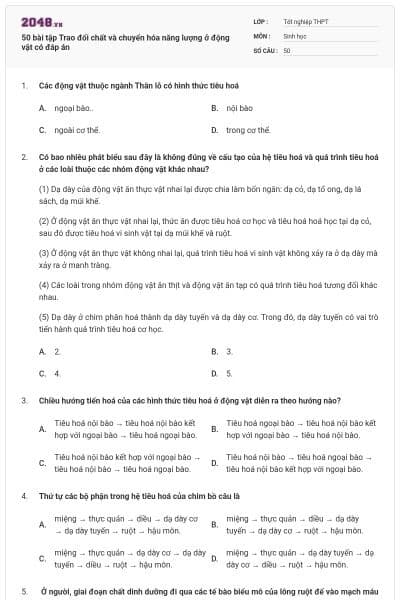 50 bài tập Trao đổi chất và chuyển hóa năng lượng ở động vật có đáp án