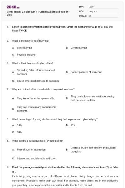 Đề thi cuối kì 2 Tiếng Anh 11 Global Success có đáp án - Đề 5