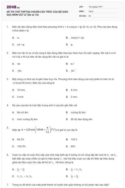 ĐỀ THI THỬ THPTQG CHUẨN CẤU TRÚC CỦA BỘ GIÁO DỤC MÔN VẬT LÝ (Đề số 16)