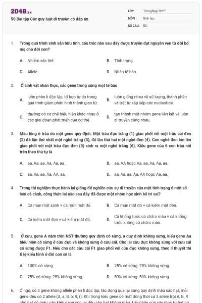 50 Bài tập Các quy luật di truyền có đáp án