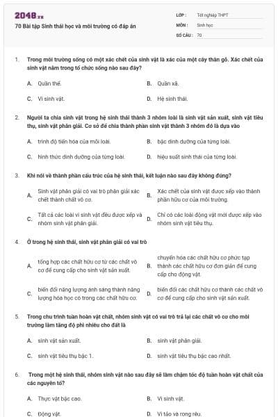 70 Bài tập Sinh thái học và môi trường có đáp án