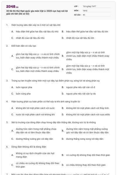 30 Đề thi thử thpt quốc gia môn Vật Lí 2020 cực hay nói lời giải chi tiết (Đề số 03)