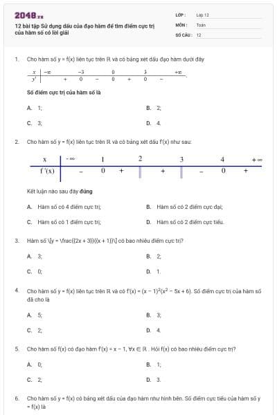 12 bài tập Sử dụng dấu của đạo hàm để tìm điểm cực trị của hàm số có lời giải